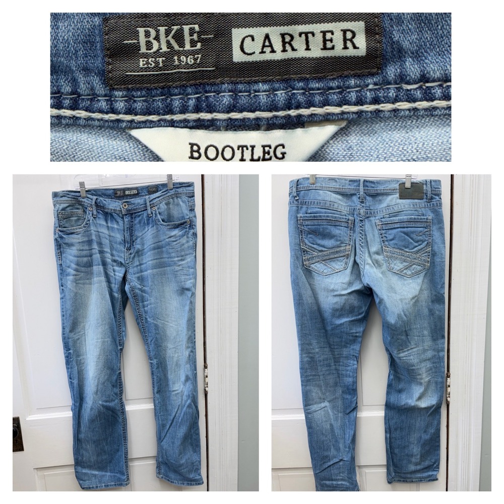 BKE Carter Mens 36 x 32 Bootleg Bootcut Thick Stitch Denim Jeans Blue